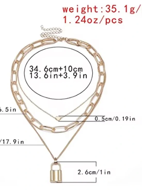 GOLD PLATED LOCK CHAIN PENDANT LAYERED NECKLACE - Picture 5 of 5